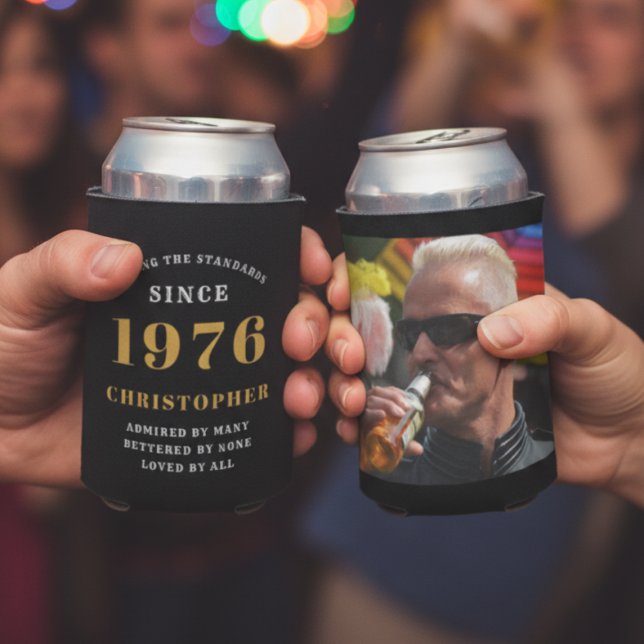 Personalised 1976 Birthday Can Cooler Custom Name (50th birthday can coolers held in two hands)