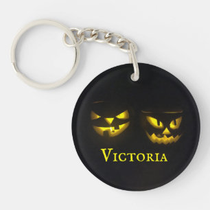 Personalised 1 sided yellow on black pumpkin face key ring