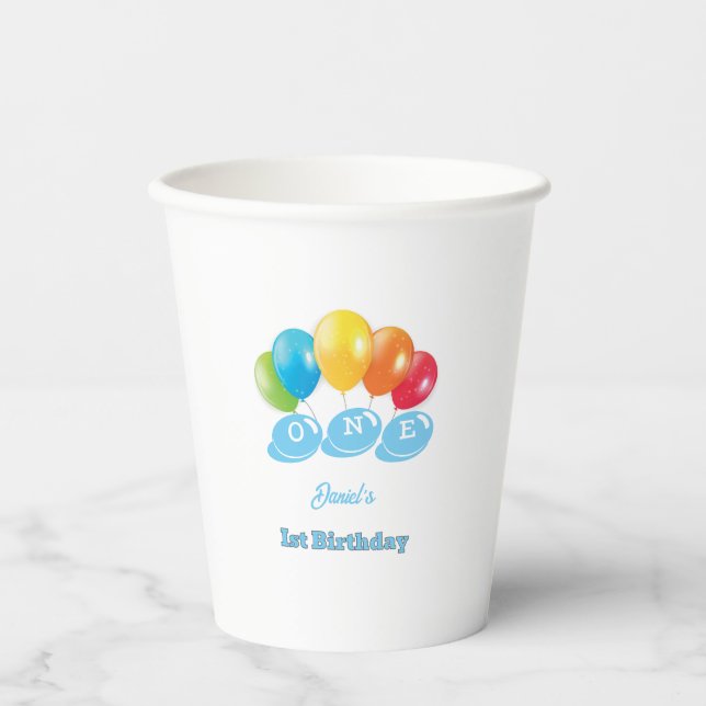 Personalised 1st Birthday Baby Blue Boy's Name Paper Cups (Front)