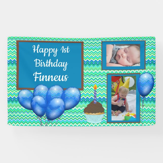 Personalised 1st Birthday Banner for Boy's Blue (Horizontal)