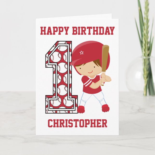 Personalised 1st Birthday Baseball Batter Red Card (Front)