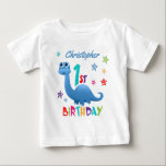 Personalised 1st Birthday Blue Dinosaur Baby T-Shirt<br><div class="desc">A special 1st birthday t-shirt! This bright fun 1st birthday tshirt features a blue dinosaur, some pretty stars and colourful text. A cute design for someone who will be one year old. Add the 1st birthday child's name to the front of the shirt to customise it for the special boy...</div>