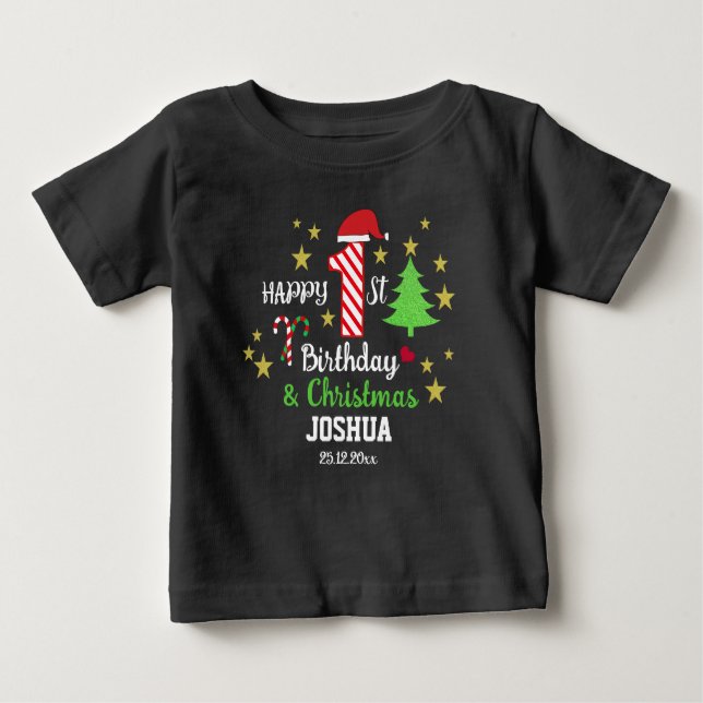 Personalised 1st Birthday & First Christmas Black Baby T-Shirt (Front)