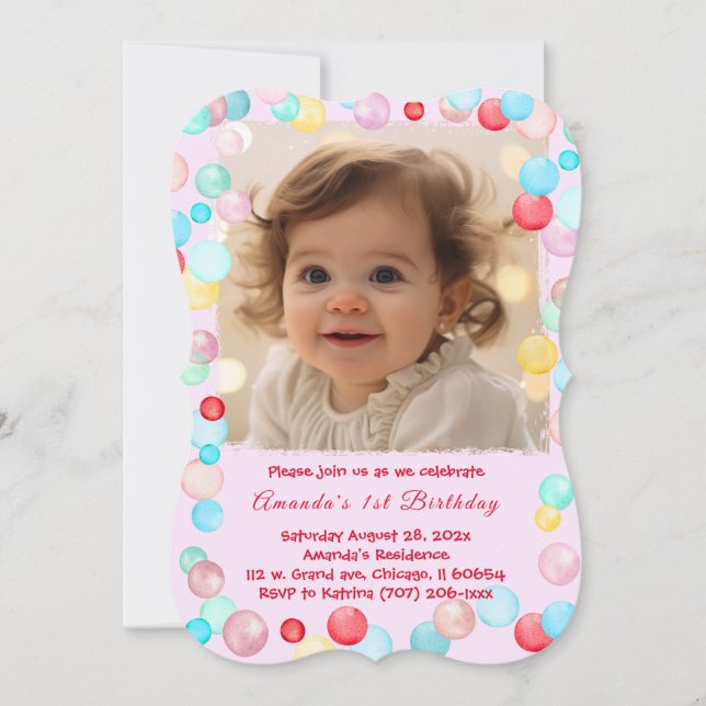 Personalised 1st Birthday Girl Photo Invitation (Front)