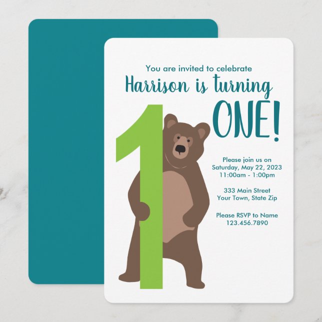 Personalised 1st Birthday Modern Bear Invitation (Front/Back)