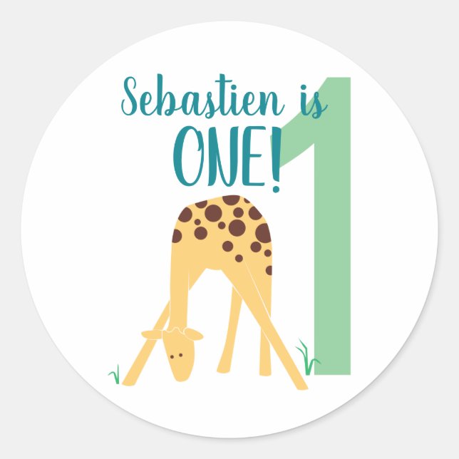 Personalised 1st Birthday Modern Yellow Giraffe Classic Round Sticker (Front)