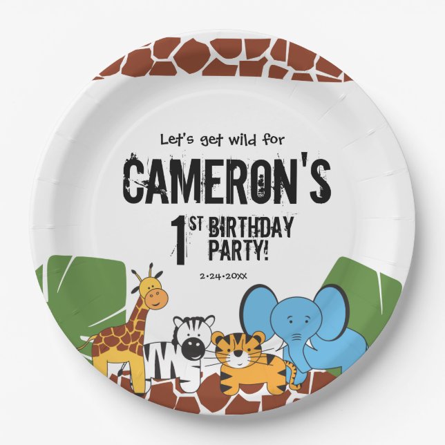 Personalised 1st Birthday Safari party Paper Plate (Front)