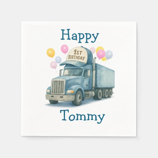  Personalised 1st Birthday Semi Truck Napkins (Front)