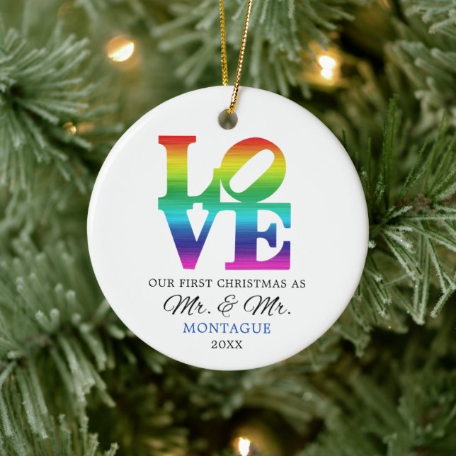 Personalised 1st Christmas as Mr & Mr Gay Rainbow Ceramic Ornament (Tree)