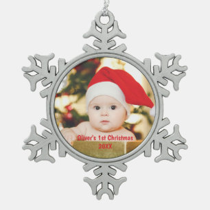 Personalised 1st Christmas Baby Photo Snowflake Pewter Christmas Ornament