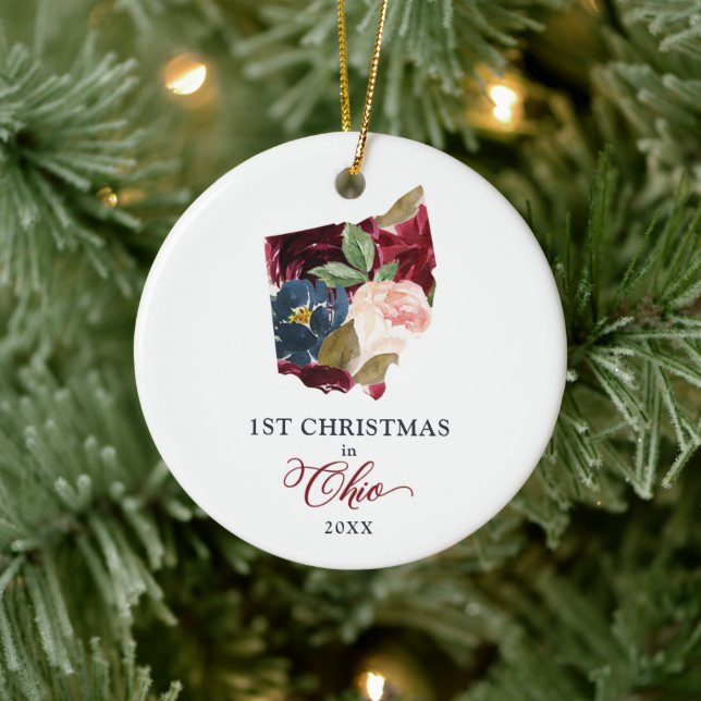 Personalised 1st Christmas In Ohio State Floral Ceramic Ornament (Tree)