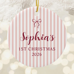 Personalised 1st Christmas Photo Blush Stripes Ceramic Ornament