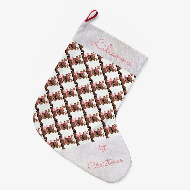 Personalised 1st Christmas Stocking/Cute Reindeer Large Christmas Stocking (Front (Hanging))