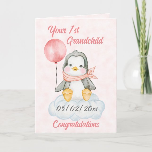 Personalised 1st Grandchild baby Penguin Card (Front)
