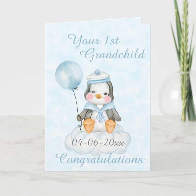 Personalised 1st Grandchild Penguin Card (Front)