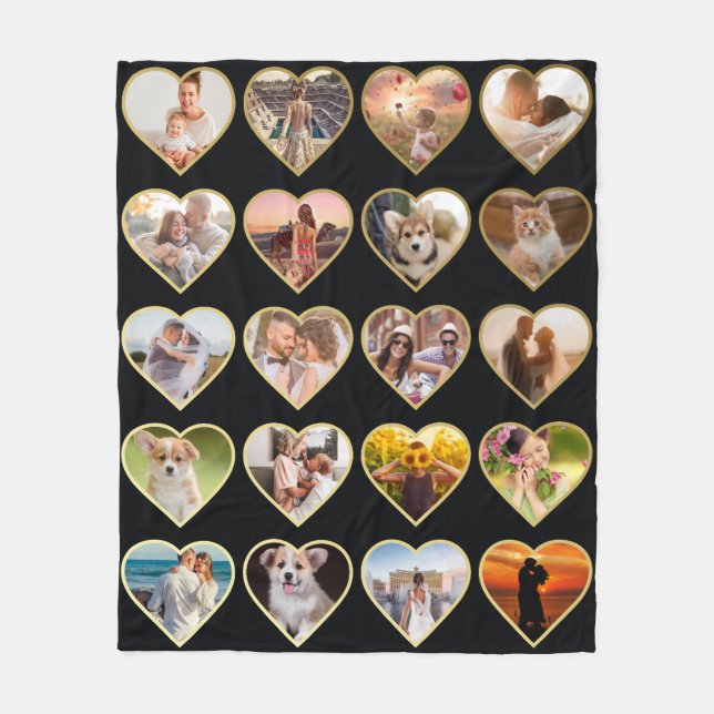 Personalised 20 Golden Heart Photo Collage Fleece Blanket (Front)