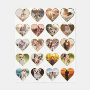 Personalised 20 Golden Heart Photo Collage Fleece Blanket