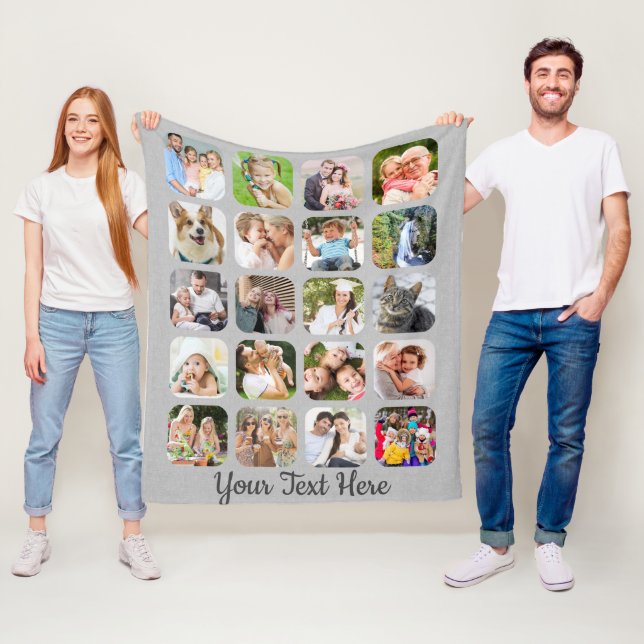 Personalised 20 Photo Collage Script Grey Linen Fleece Blanket (In Situ)