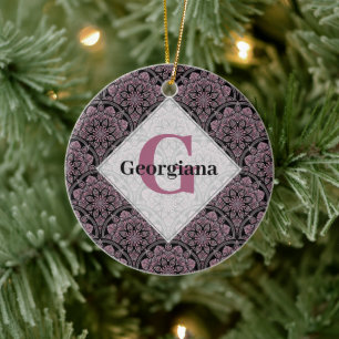 Personalised 20s Dusky Rose Floral Fronds Mandala Ceramic Ornament
