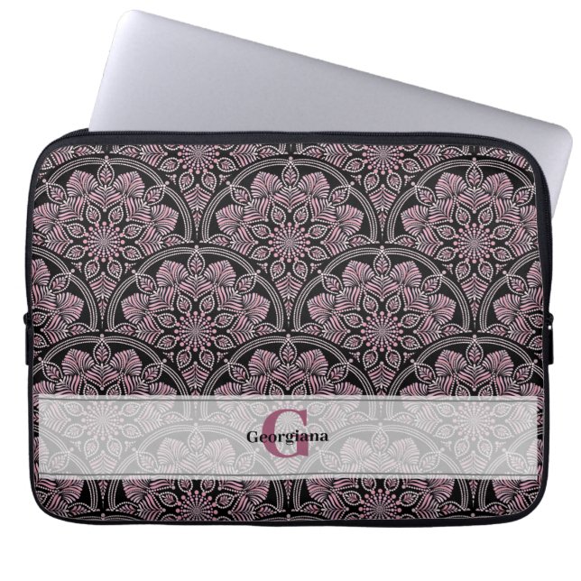 Personalised 20s Dusky Rose Floral Fronds Mandala Laptop Sleeve (Front)