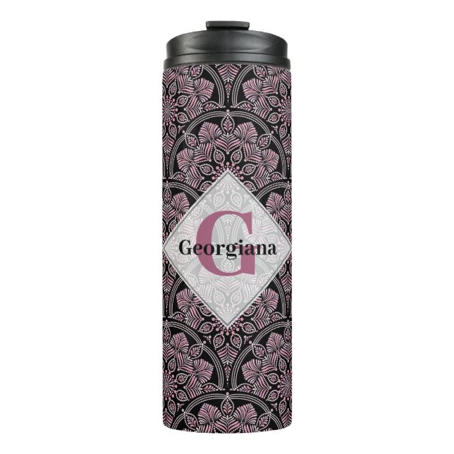 Personalised 20s Dusky Rose Floral Fronds Mandala Thermal Tumbler (Front)
