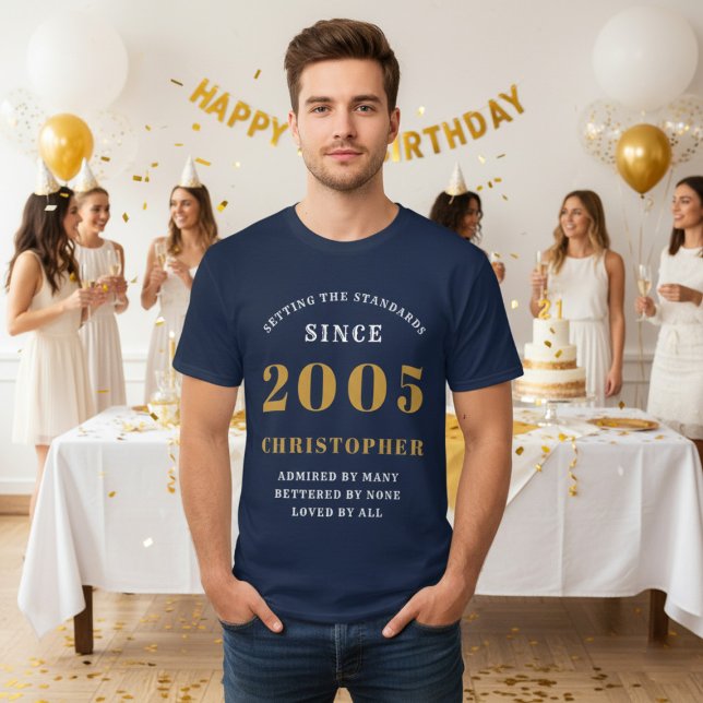 Personalised 20th Birthday 2005 Add Name Blue Gold T-Shirt (2005 blue birthday tshirt. Party background.)