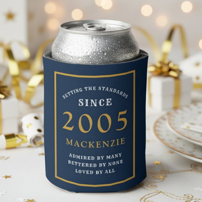 Personalised 21st Birthday 2005 Elegant Blue Gold Can Cooler (2005 blue can cooler. White and gold background.)