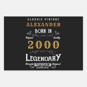 Personalised 21st Birthday Born 2000 Vintage Black Wrapping Paper Sheet