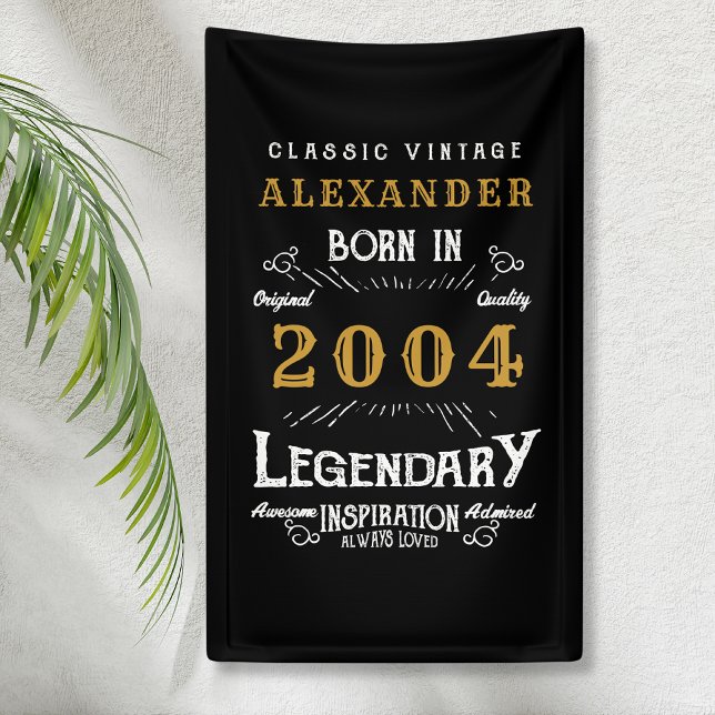Personalised 21st Birthday Born 2004 Vintage Black Banner (Personalized 21st birthday party banner hanging on a wall)