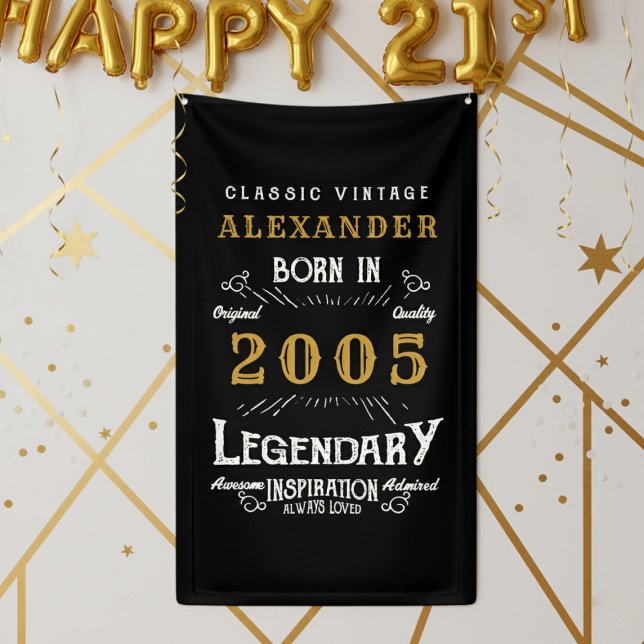 Personalised 21st Birthday Born 2005 Retro Party Banner (2005 wall banners against a white and gold wall.)