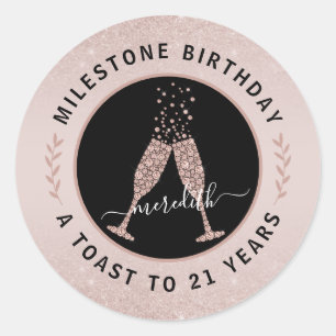 Personalised 21st Birthday Glitter Champagne Toast Classic Round Sticker