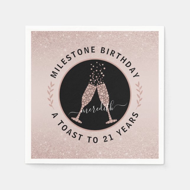 Personalised 21st Birthday Glitter Champagne Toast Napkin (Front)