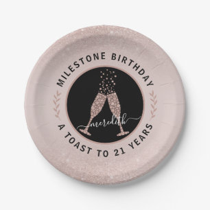 Personalised 21st Birthday Glitter Champagne Toast Paper Plate