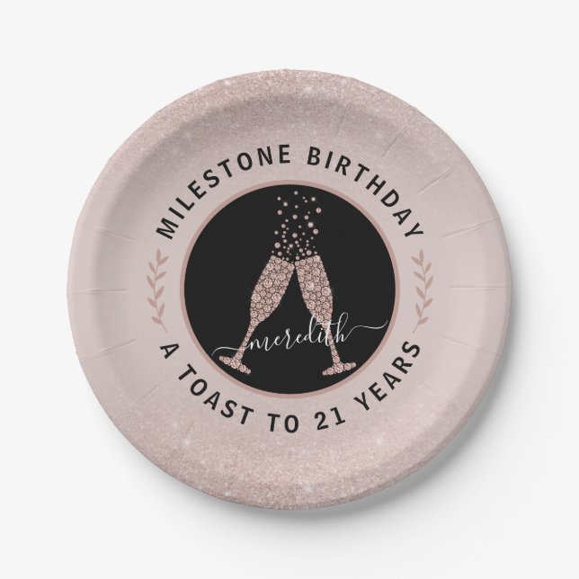 Personalised 21st Birthday Glitter Champagne Toast Paper Plate (Front)