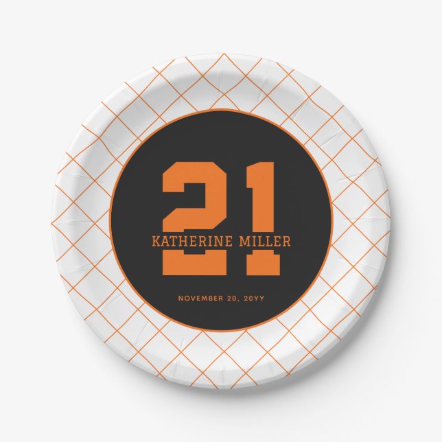 Personalised 21st Birthday Modern Orange Paper Plate (Front)