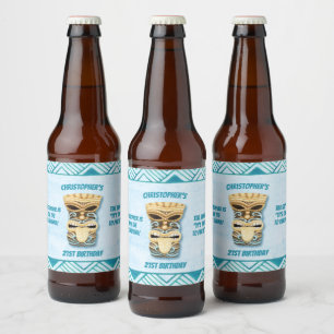 Personalised 21st Birthday Tiki Hawaiian Luau Beer Bottle Label