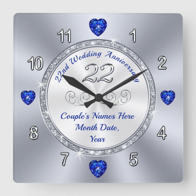 Personalised, 22 year Wedding Anniversary Gift Square Wall Clock (Front)