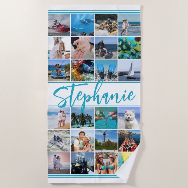 Personalised 24 Photo Collage Custom Colour Beach Towel (Front)