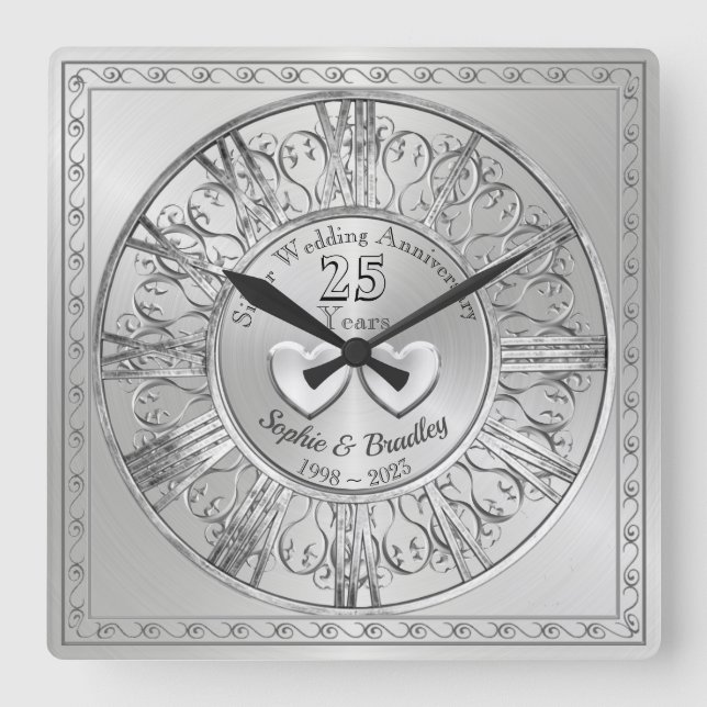 Personalised 25h Silver Wedding Anniversary Gift   Square Wall Clock (Front)