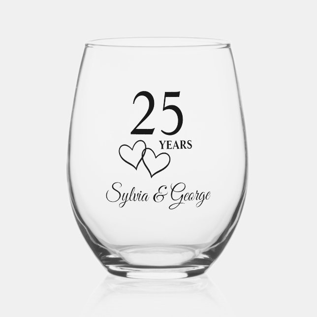 Personalised 25th Anniversary Gift Elegant Modern Stemless Wine Glass (Front)