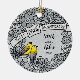 Personalised 25th Anniversary, Silver Floral Birds Ceramic Ornament
