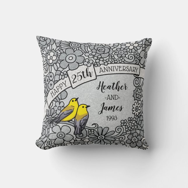 Personalised 25th Anniversary, Silver Floral Birds Cushion (Front)