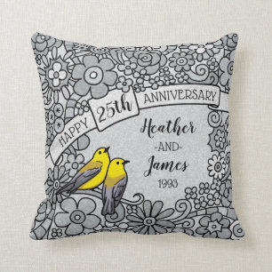 Personalised 25th Anniversary, Silver Floral Birds Cushion