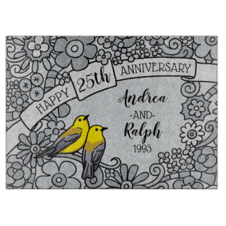 Personalised 25th Anniversary, Silver Floral Birds Cutting Board
