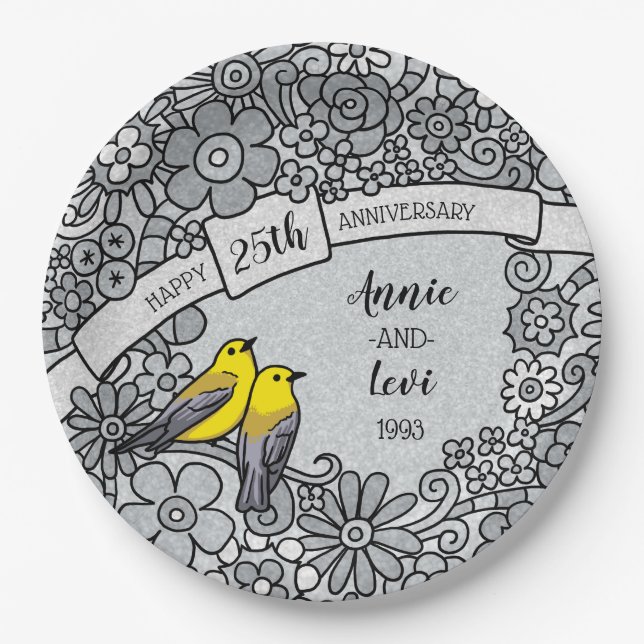 Personalised 25th Anniversary, Silver Floral Birds Paper Plate (Front)