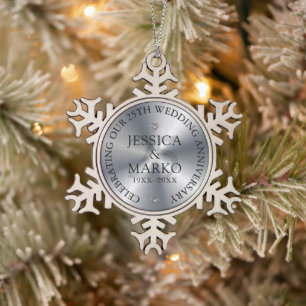 Personalised 25th Silver Wedding Anniversary Snowflake Pewter Christmas Ornament