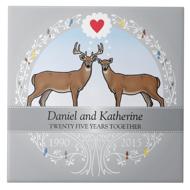 Personalised 25th Wedding Anniversary, Buck & Doe Ceramic Tile (Front)