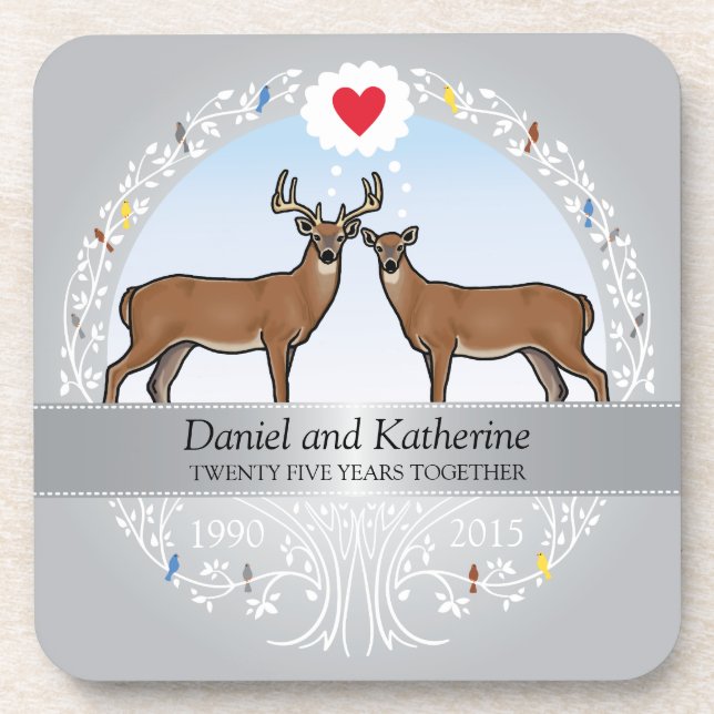 Personalised 25th Wedding Anniversary, Buck & Doe Coaster (Front)