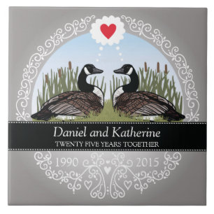Personalised 25th Wedding Anniversary, Geese Ceramic Tile