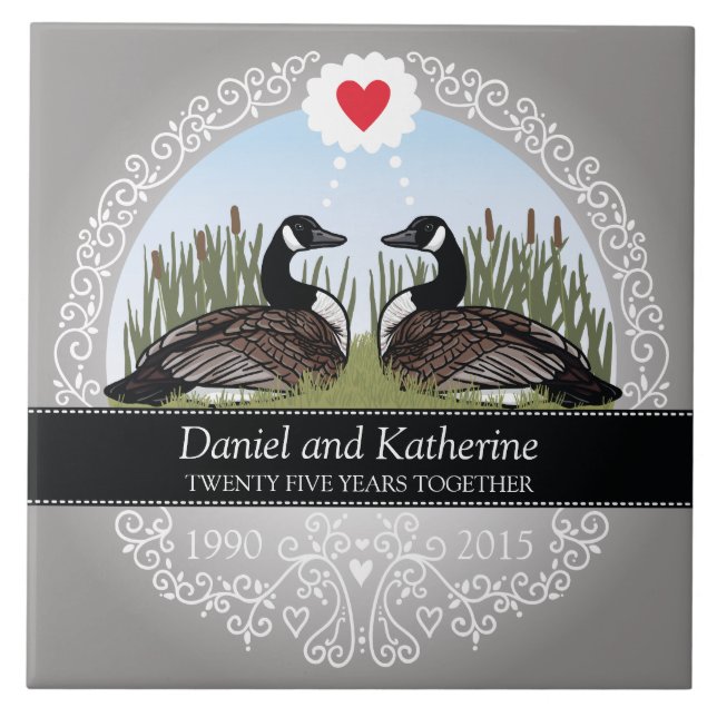 Personalised 25th Wedding Anniversary, Geese Ceramic Tile (Front)